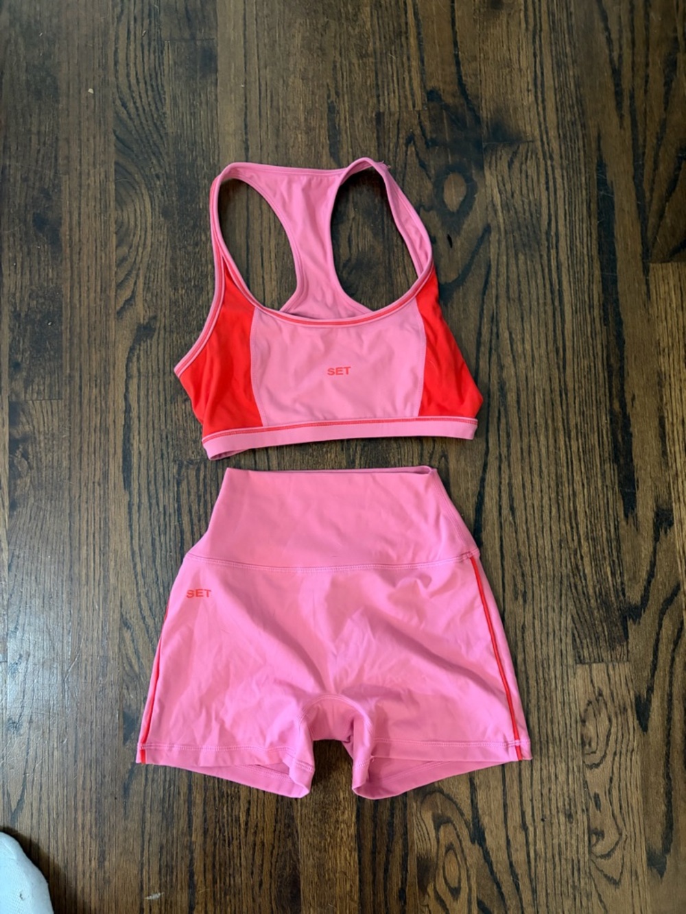 SET Active Pink and Red Racerback Sports Bra with High-Waist Shorts